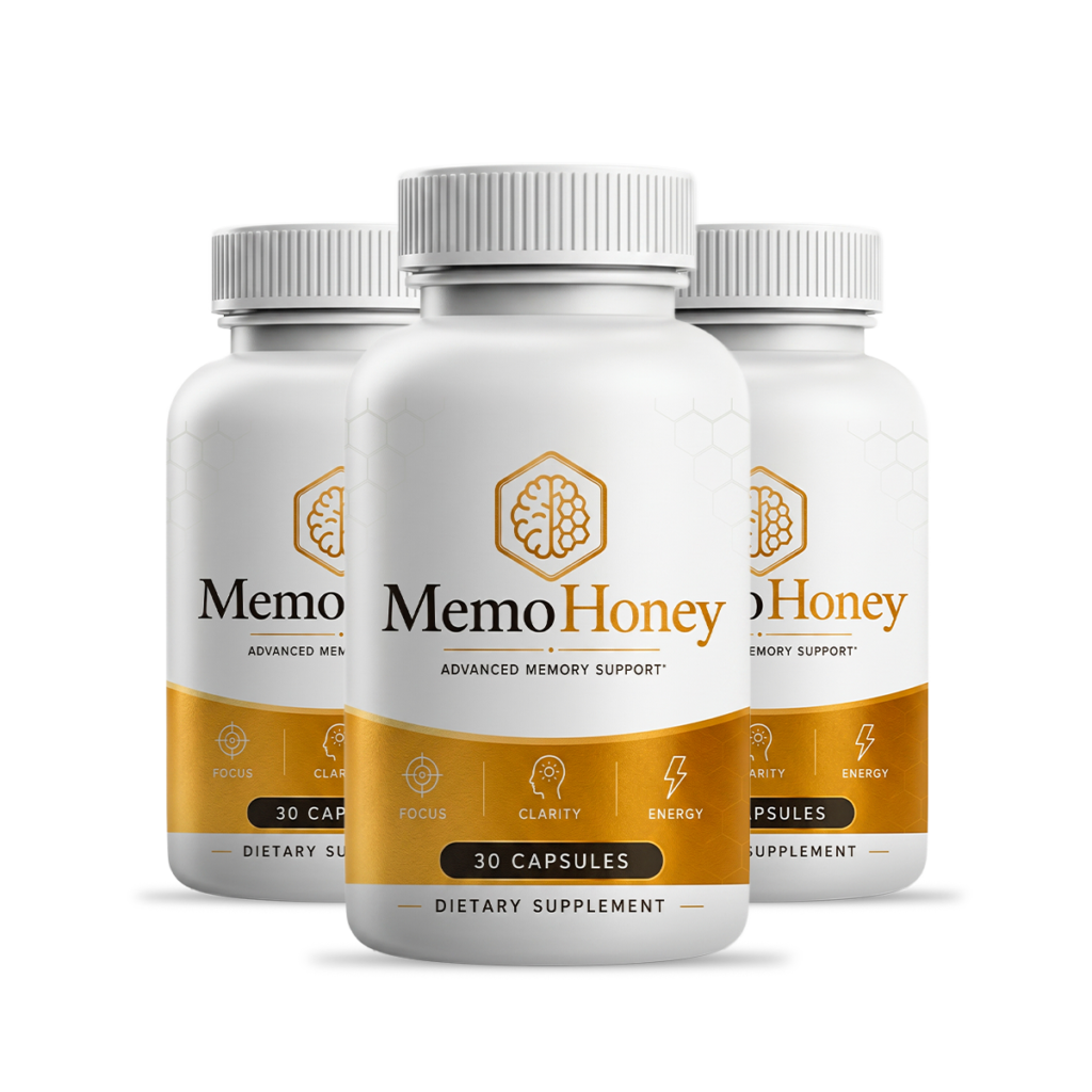 Three bottles package of MemoHoney focus and cognitive support supplement offered at $59 per bottle with free US shipping.